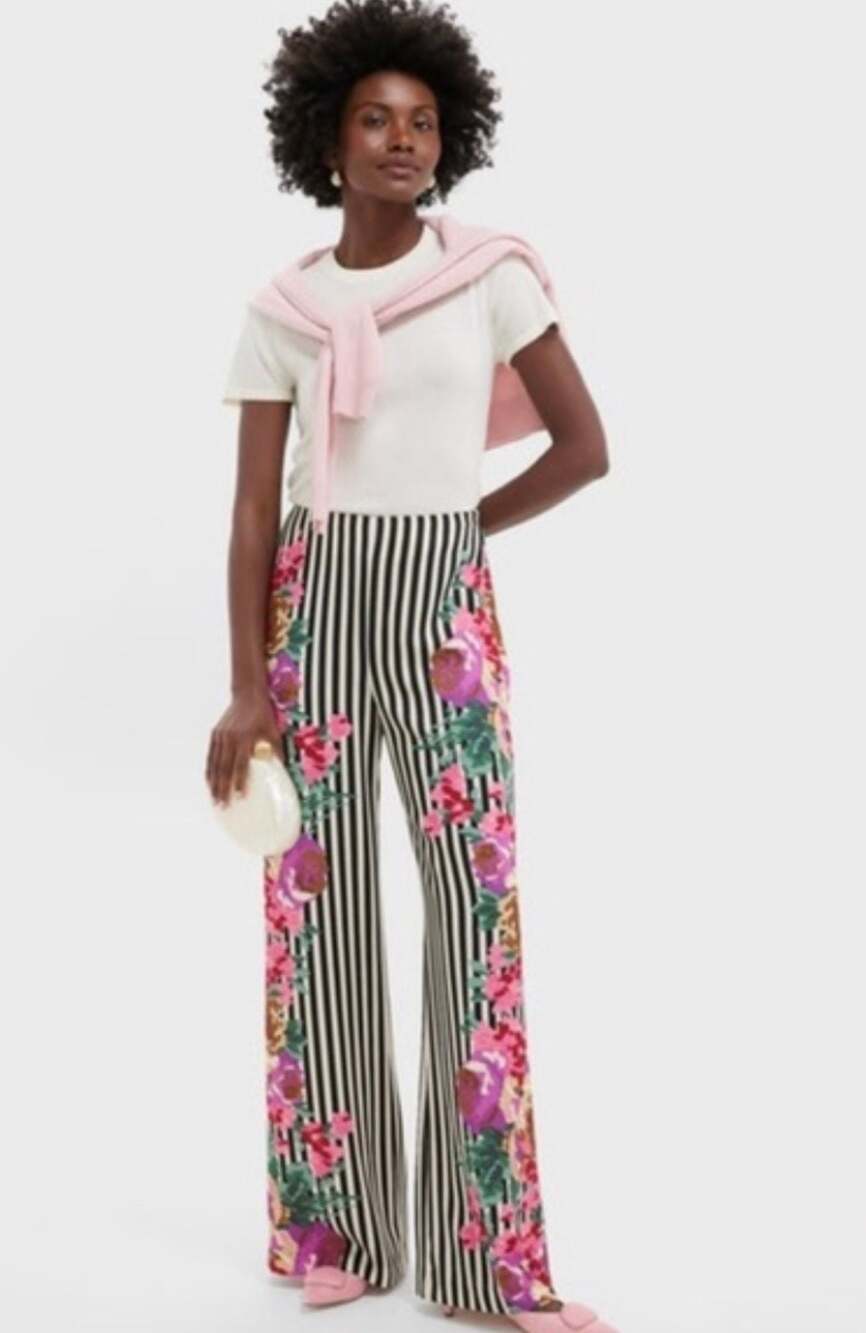 Tuckernuck NWT Erin Pants Size L Black Stripe Floral Wide Leg High Rise Side Zip